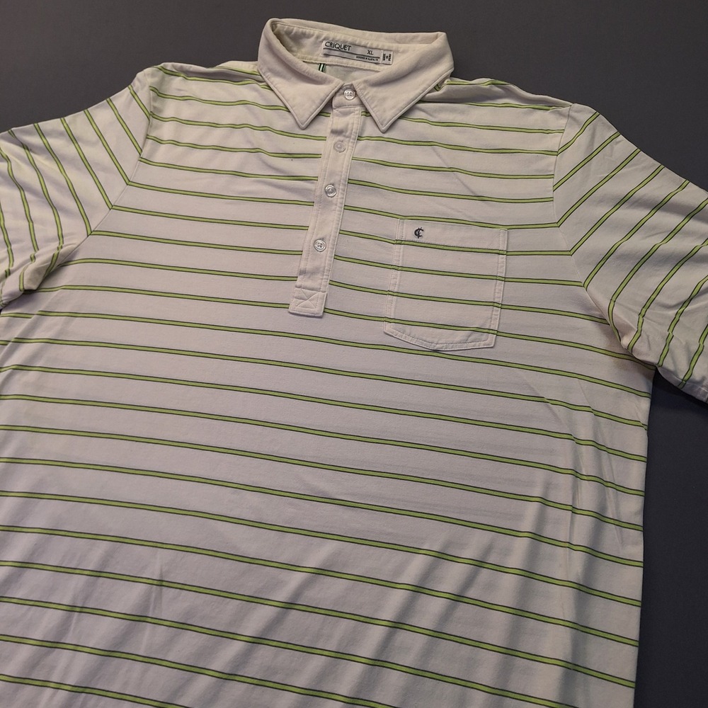 Criquet Mens XL Pima Cotton Striped Players Shirt Polo White Green 1300